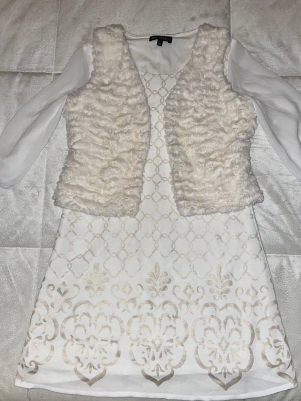 SEQUIN HEARTS Girl's - Cream Dress with Faux Fur Vest, size 8